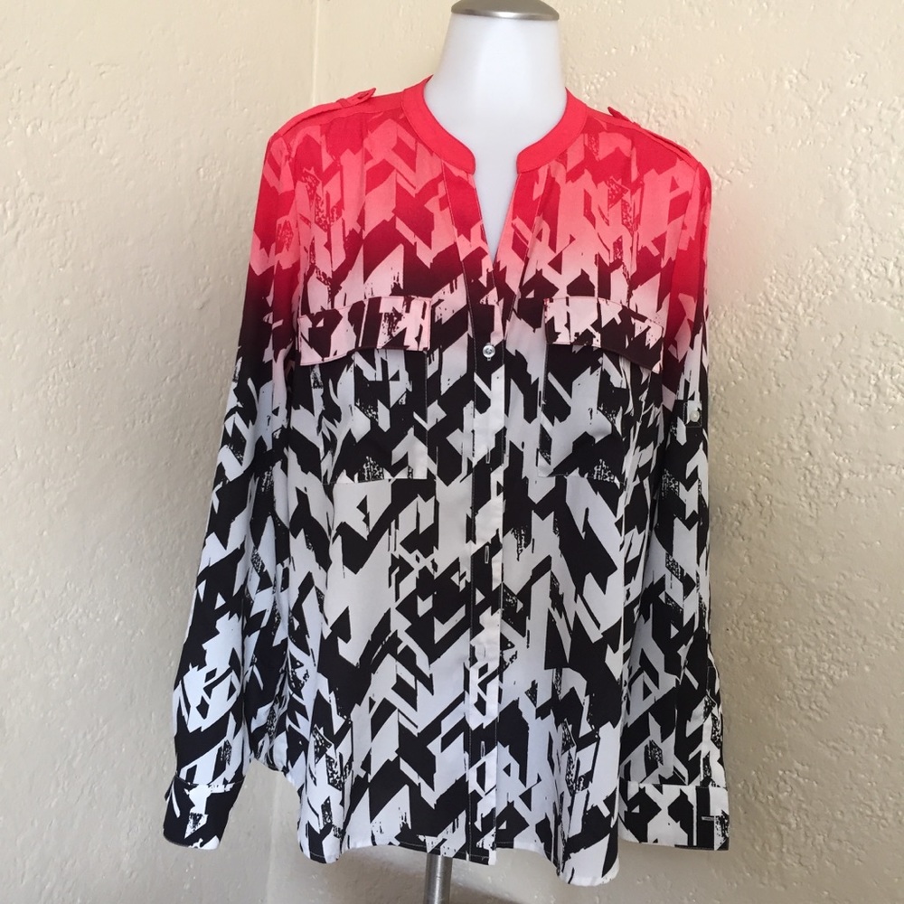 Calvin Klein Red Black White Ombre Geometric Button-Front Blouse